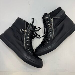 Wishbone Black Leather Sneakers Women Se 8 Casual Lace-Up Whimsigoth Punk Grunge